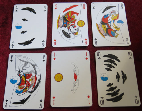 playing cards, vintage playing cards, French playing cards, rare playing cards, art playing cards, novelty playing cards, optical illusion cards, anamorphic art, Pino Zac, Giuseppe Zaccaria, Grimaud France Cartes, 1983 deck, collector cards, erotic playing cards, surrealist cards, anamorphoses deck, rare French deck, political cartoon art, vintage card game, retro card deck, rare poker cards