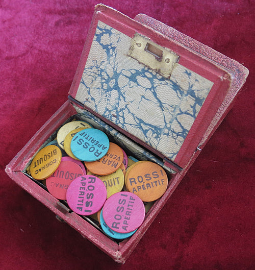 1910 Old Bistro card game set from circa 1910 & 95 Wooden Tokens Advertising