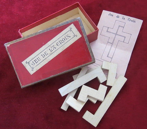 Casse-tête ancien en bois français | Jeu de puzzle croisé | Vers 1900 | Casse-tête vintage rare avec boîte d'origine et solution