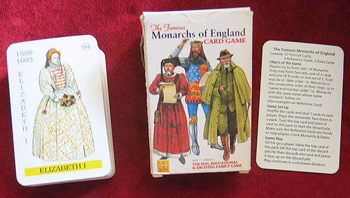 Monarchs of England game, vintage card game, educational history game, English kings and queens, royal history cards, British monarchy deck, Queen Elizabeth I card, vintage heritage game, Trioview Ltd, 1991 card game, children’s history game, royal family card game, English monarchs collectible, illustrated educational deck, family learning game, kings and queens of England, timeline game, UK history toy, monarchs trivia cards, made in Belgium cards