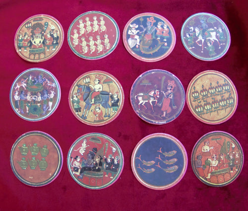 Dashavatara Ganjifa, Indian oracle cards, cartes mythologiques indiennes, Indian playing cards, Vishnu avatars, Hindu mythology, rare Indian oracle, Rudolf Von Leyden, tarot indien, oracle indien, jeux de cartes anciens, round cards, cartes rondes, spiritual oracle, antique style Indian cards