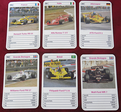 Formule 1, F1, vintage racing cards, ASS Altenburger, quartet game, Jeu d’Atout, 1979, Renault Turbo, Alfa Romeo T177, Williams-Ford FW07, motorsport collectibles, German card game, retro Formula One.