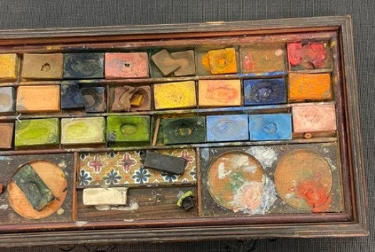 Boîte d'aquarelle ancienne en bois – Fin XIXe/début XXe siècle