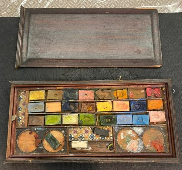 Boîte d'aquarelle ancienne en bois – Fin XIXe/début XXe siècle