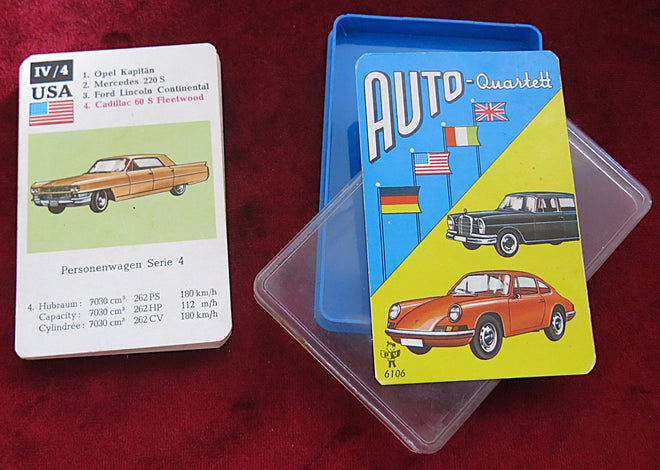 Auto Quartett, Vintage Car Game, Classic Car Playing Cards, 1960s Car Cards, 1950s Vehicles, German Card Game, Technical Car Specs Cards, Retro Auto Cards, Jaguar E Card, Porsche 901 Card, Cadillac Fleetwood, Oldtimer Card Deck, Vintage Car Memorabilia, Collector Car Cards, Auto Spielkarten, Made in Germany
