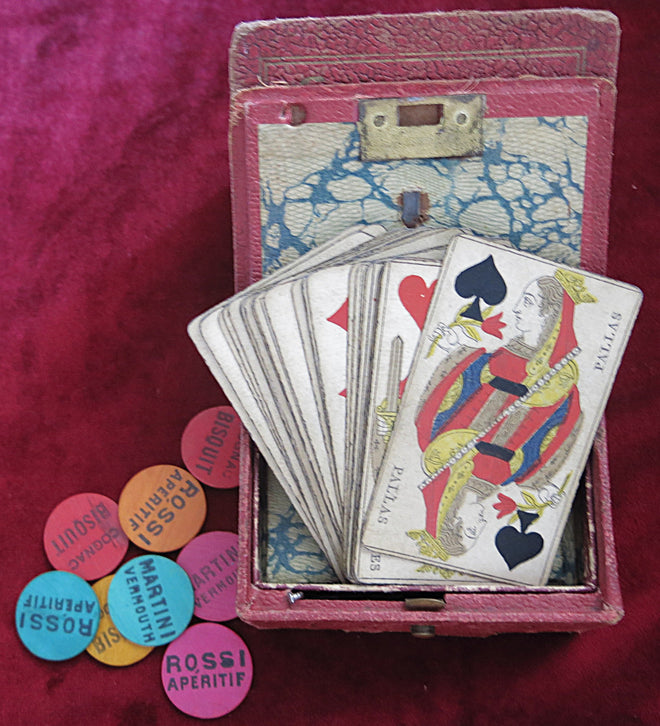 1910 Old Bistro card game set from circa 1910 & 95 Wooden Tokens Advertising