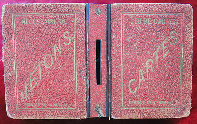 1910 Old Bistro card game set from circa 1910 & 95 Wooden Tokens Advertising