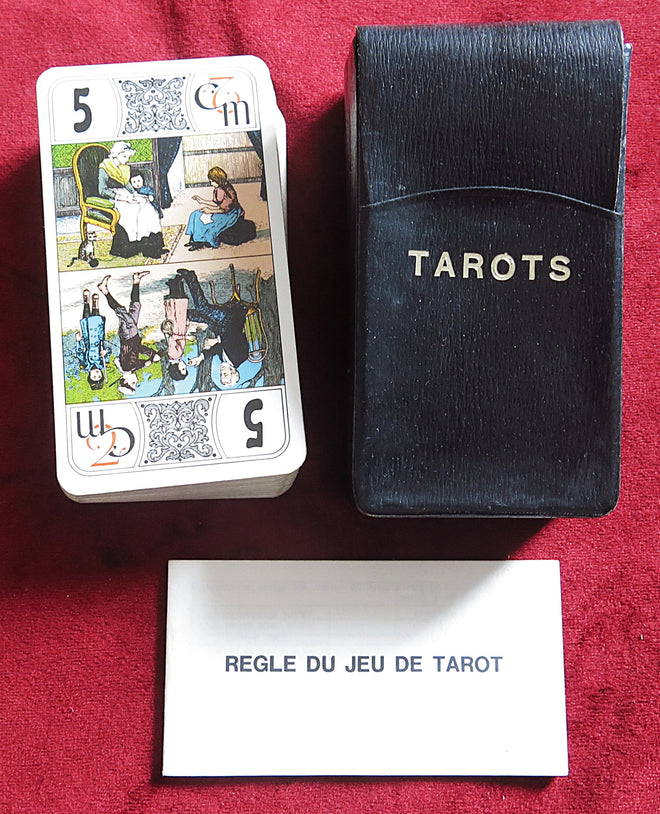 Jeu de cartes de tarot français vintage CM Double Scene avec étui en similicuir années 80