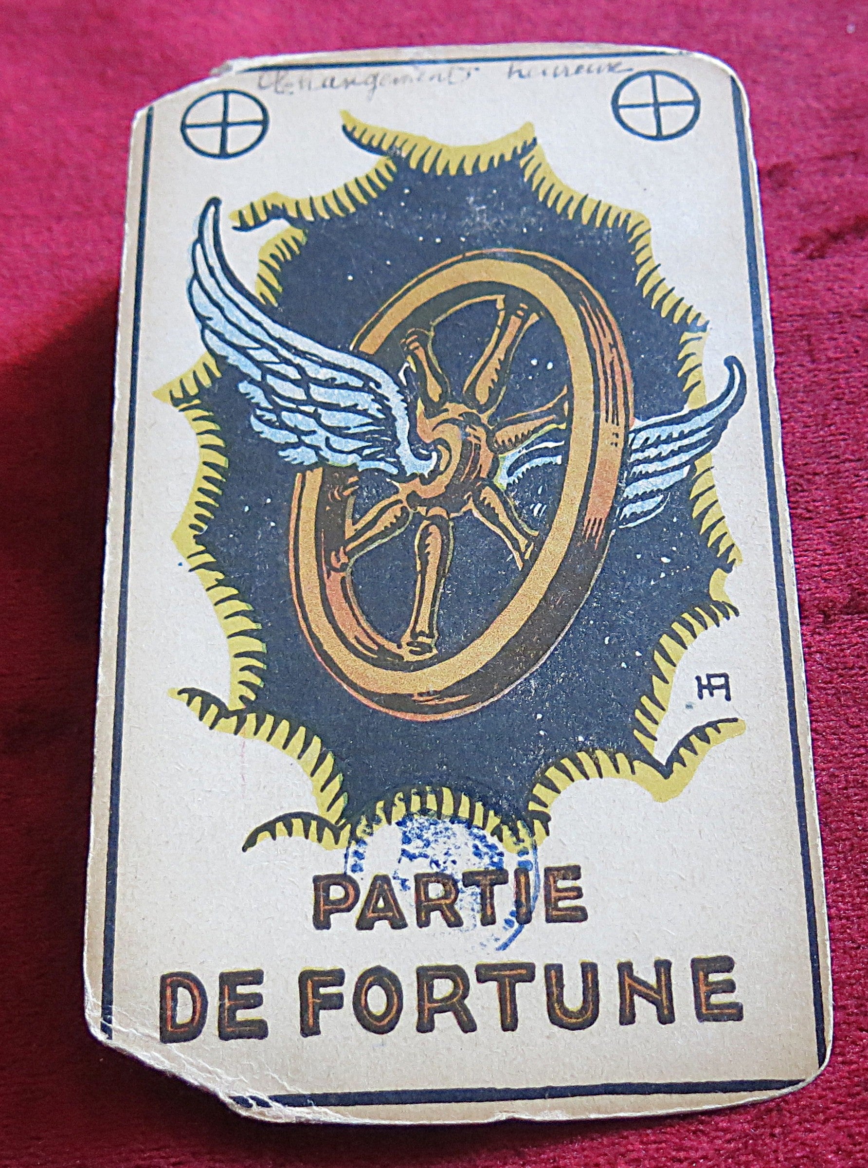 Georges Muchery, Partie de Fortune Card, Vintage Astrology Card, 1924 Divination Deck, Grimaud 1920s, French Astrological System, Rare Cartomancy Card, Early 20th Century Esoterica, Winged Fortune Wheel, Antique Tarot Oracle, Historical Divination Card, French Divination Tool, Fortune Telling Ephemera, One Card Only, Grimaud Vintage Cartomancy, Esoteric Paper Collectible