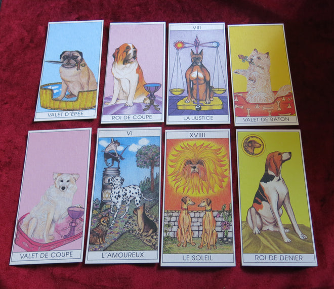 dog tarot, tarot du chien, rare tarot deck, French tarot cards, out of print tarot, Claude Trapet, Carole Sédillot, animal tarot, divination, tarot with dogs, tarot collector, Editions de Vecchi, French spiritual tarot, intuitive tarot, tarot cards France, dog lovers gift, canine oracle, major arcana dogs, unique tarot deck, symbolic animals, whimsical tarot