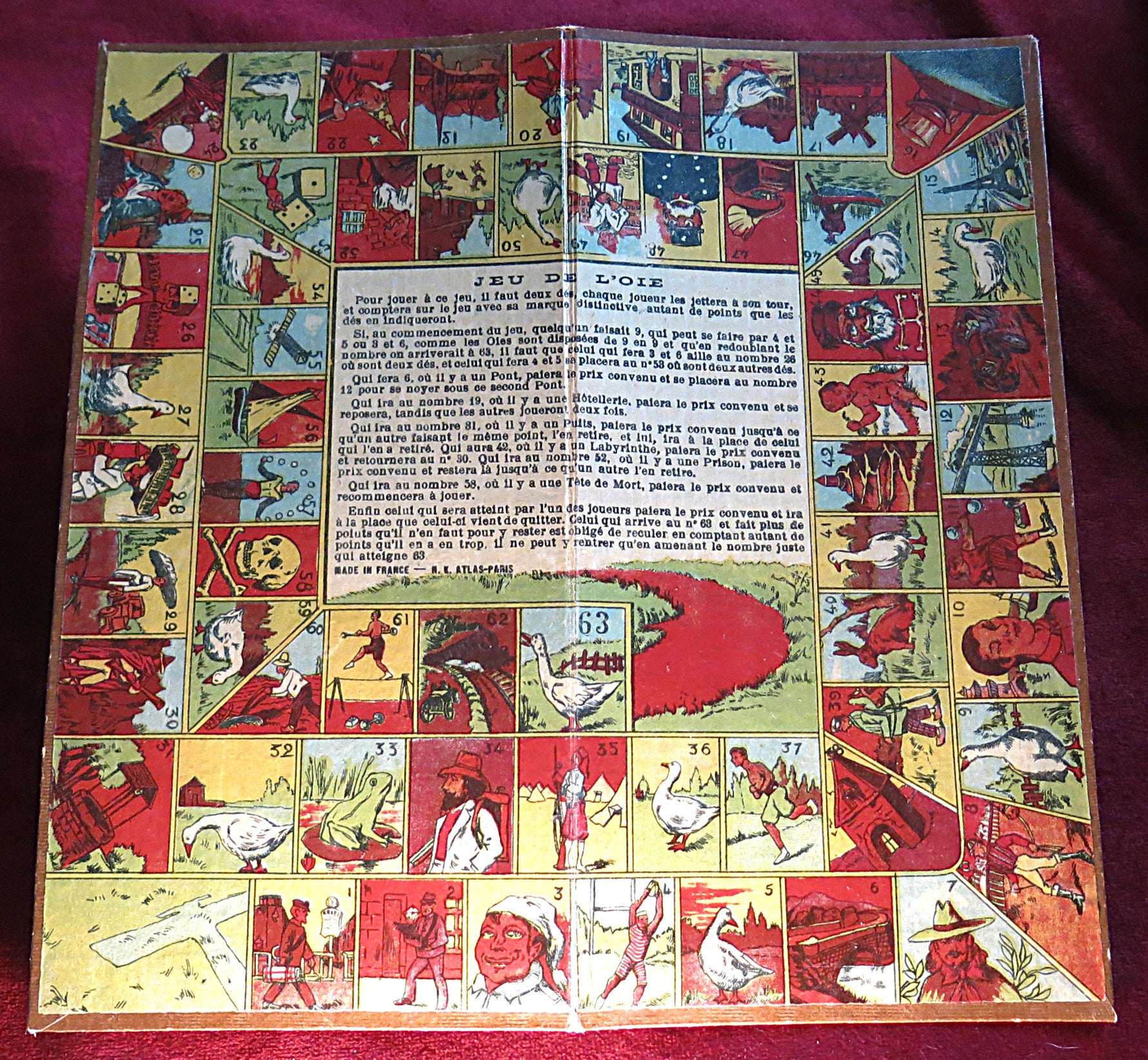 Jeu de l’Oie – N.K. Atlas Paris – 1911 Edition – Antique French Board Game in Floral Box