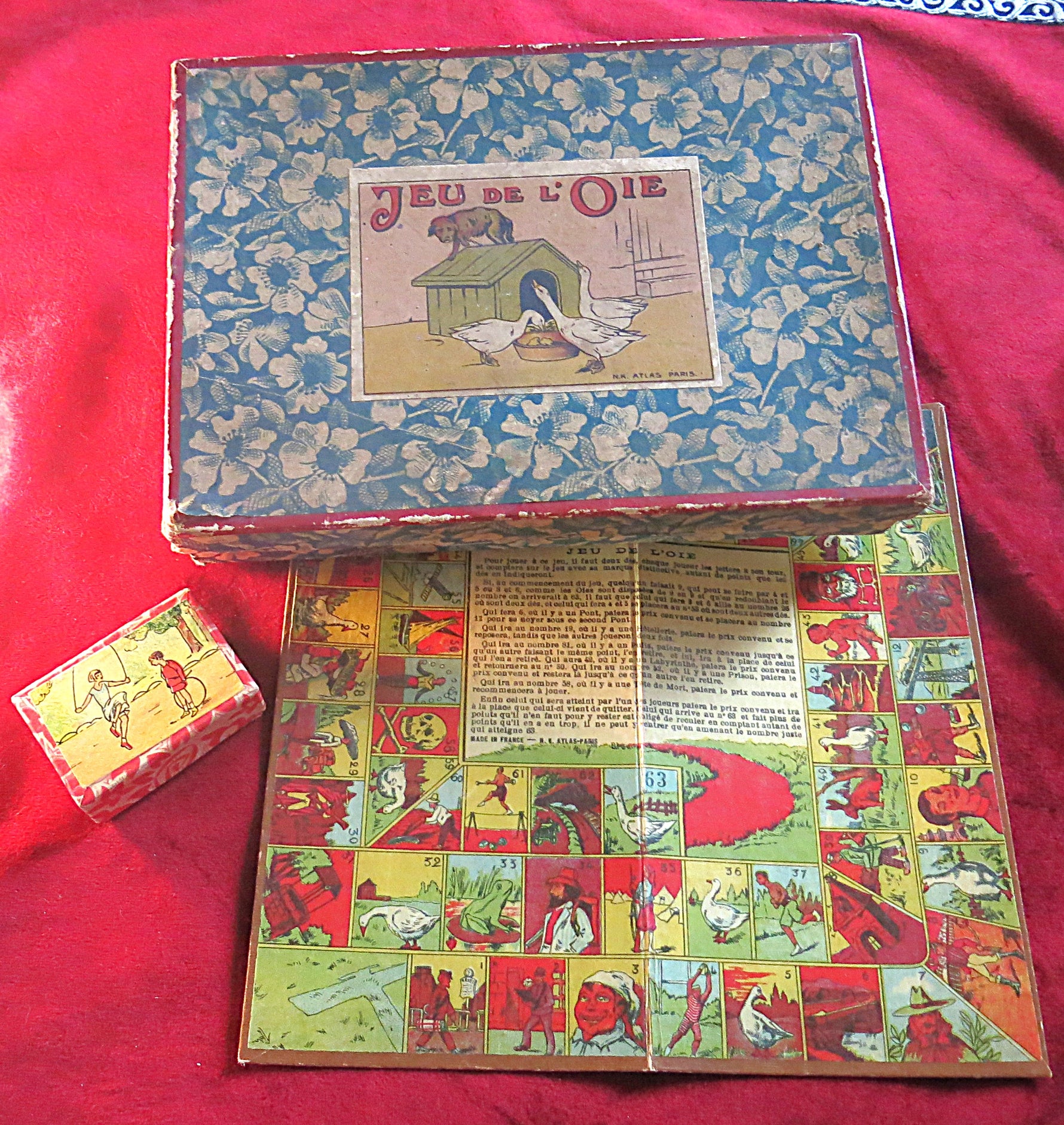 Jeu de l’Oie – N.K. Atlas Paris – 1911 Edition – Antique French Board Game in Floral Box