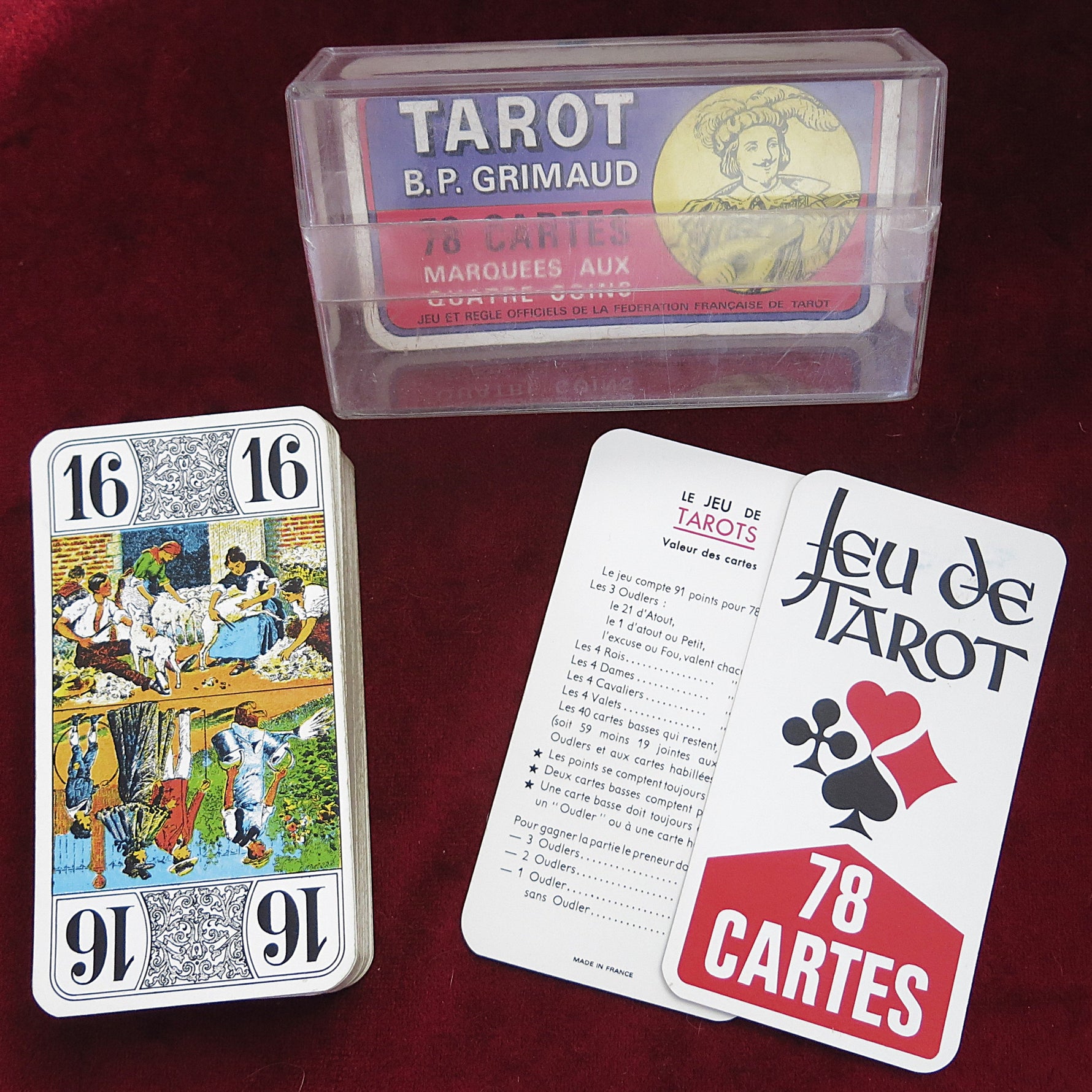 Tarot Grimaud avec couvercle en plastique – Jeu de tarot français classique des années 1980/90 – Édition collector