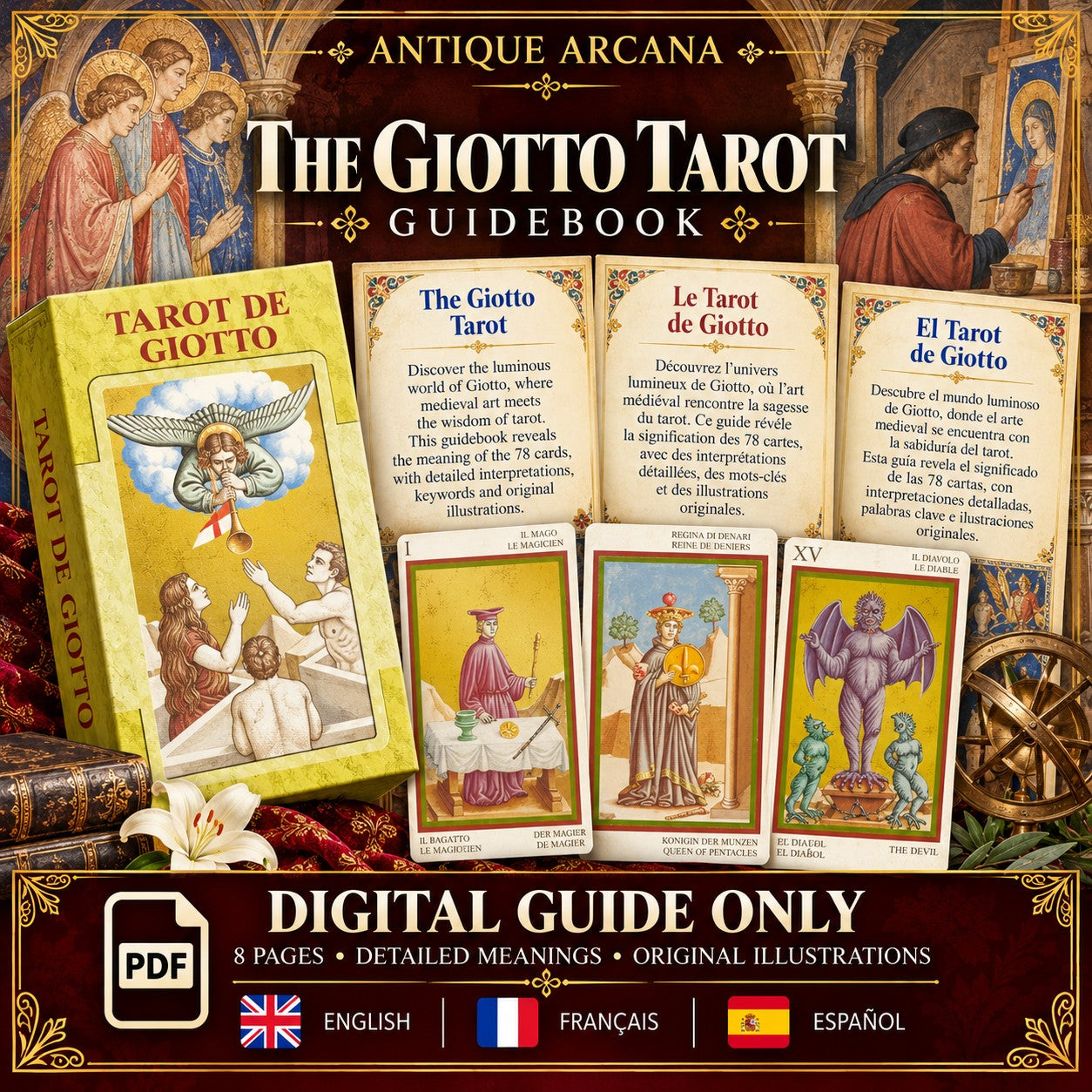 Tarot de Giotto - Instructions UNIQUEMENT - Téléchargement de fichier - ANGLAIS, FRANÇAIS ET ESPAGNOL - IMPRIMABLE