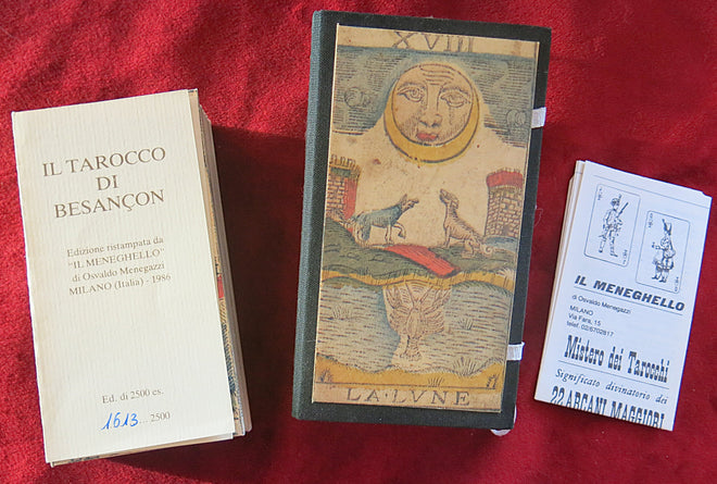  Meneghello tarot, Besançon tarot, vintage tarot deck, historical tarot reproduction, tarot de Marseille, limited edition tarot, Osvaldo Menegazzi, 1986 tarot, tarot collector deck, Juno Jupiter tarot, handmade tarot box, French-Swiss tarot, artisan tarot cards, antique tarot reprint, rare tarot cards, traditional tarot deck, historical tarot series, tarot de Besançon, numbered tarot deck, tarot historian treasure
