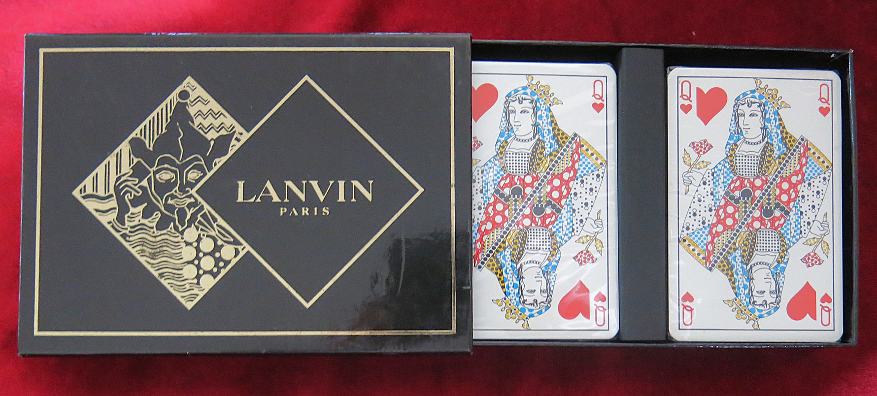 Coffret de cartes vintage Lanvin Paris – Élégantes cartes à jouer de la haute couture française des années 80 – 2 jeux de cartes