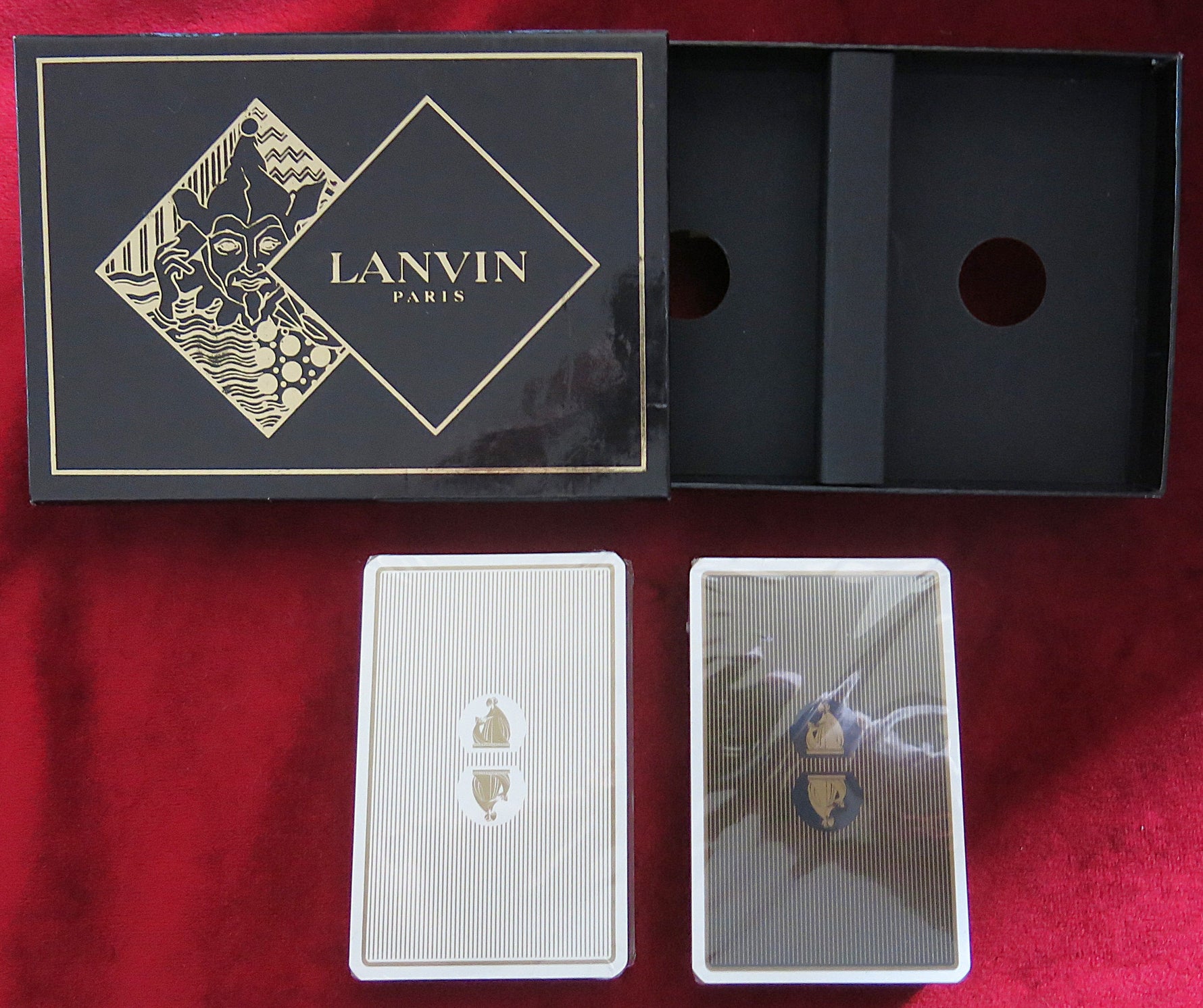 Coffret de cartes vintage Lanvin Paris – Élégantes cartes à jouer de la haute couture française des années 80 – 2 jeux de cartes