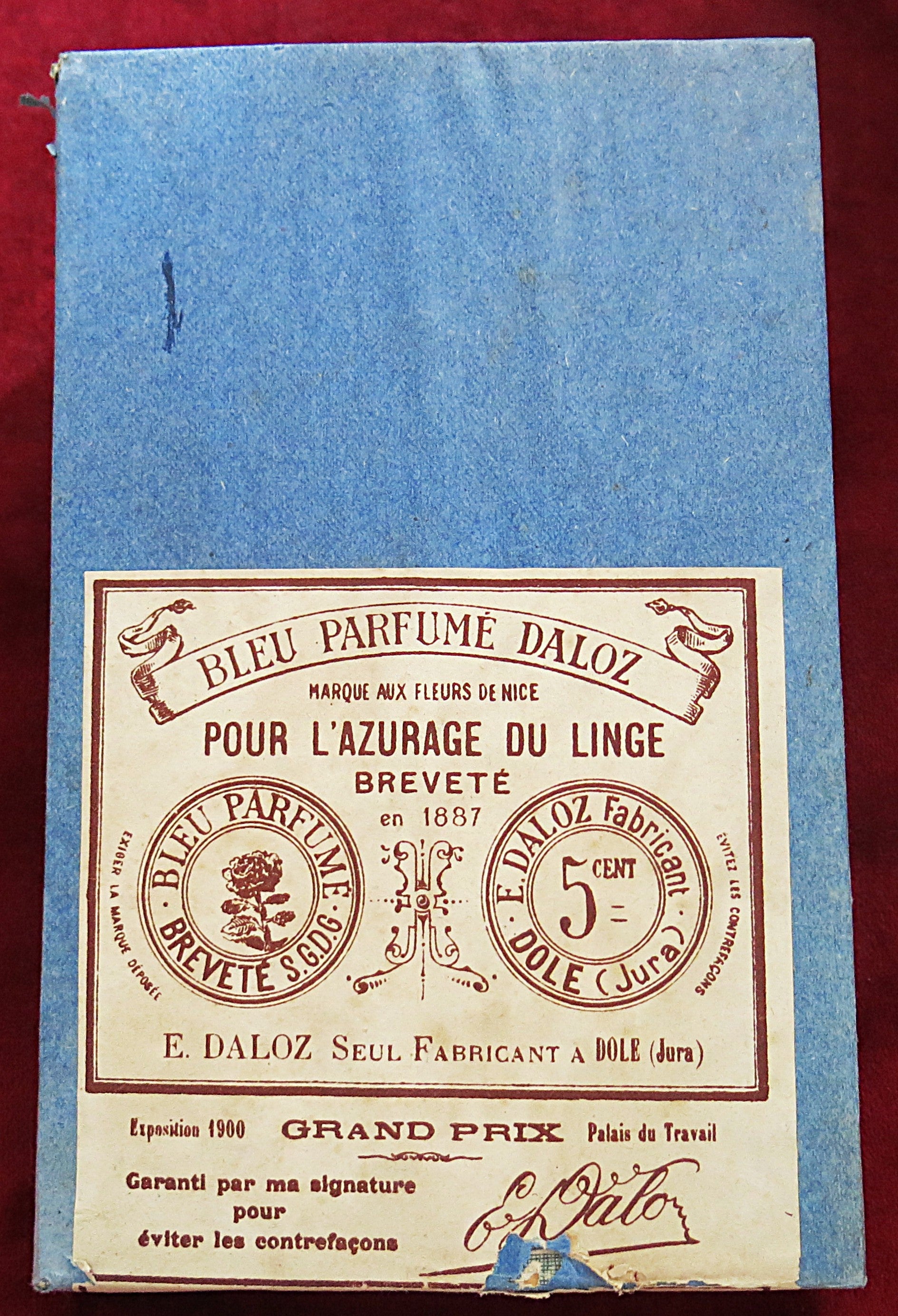 Antique Laundry Collectible 1887 - Bleu Parfumé Daloz – Paris Exposition Grand Prix