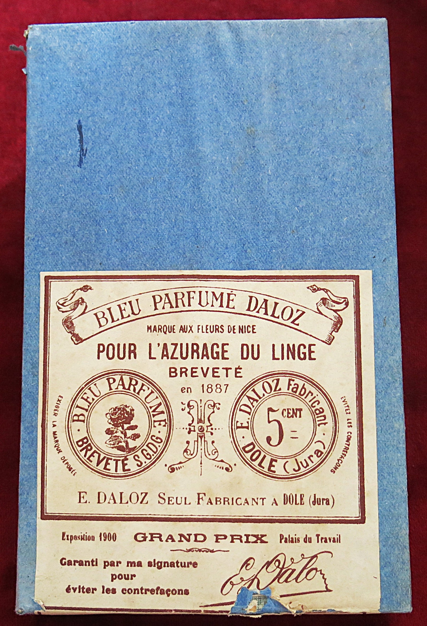 Objet de collection, lessive ancienne, 1887 - Bleu Parfumé Daloz – Paris Exposition Grand Prix