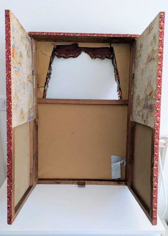 Vintage Puppet Theater, Punch and Judy Toy, Antique Puppet Stage, Folding Wooden Puppet Booth, Mid Century Puppet Theater, Victorian Style Toy Theater, Marionette Theater, Retro Children's Theater, Puppet Show Stage, Collectible Punch and Judy, Handcrafted Puppet Booth, Vintage Toy Display, 1950s Puppet Theater, Theater Décor Prop, Paper Scenery Puppet Set, Old World Toy Theater, Classic Puppet Show Set, Decorative Puppet Theater, Nostalgic Puppet Toy, Rare Vintage Puppet Box