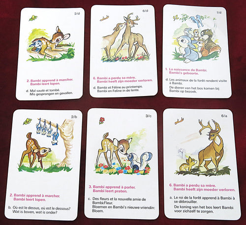 Disney Bambi cards, vintage Disney game, FX Schmid quartet, 1970s Disney cards, Walt Disney Productions, Bambi collectible, retro Disney, vintage children’s card game, Disney memorabilia, rare Disney playing cards, Disney gift idea, Disney vintage set, antique Disney cards