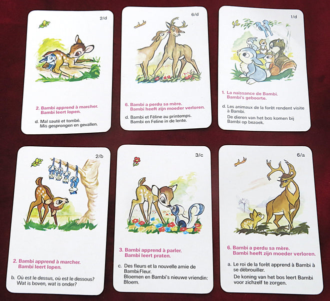 Disney Bambi cards, vintage Disney game, FX Schmid quartet, 1970s Disney cards, Walt Disney Productions, Bambi collectible, retro Disney, vintage children’s card game, Disney memorabilia, rare Disney playing cards, Disney gift idea, Disney vintage set, antique Disney cards