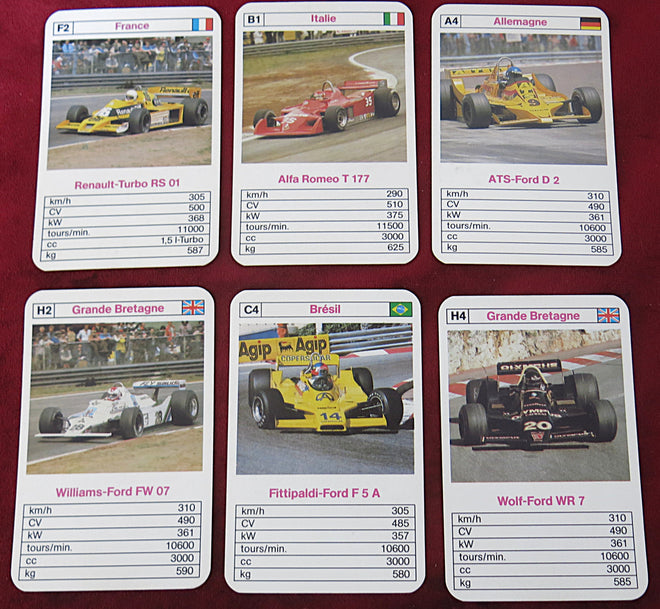 Formule 1, F1, vintage racing cards, ASS Altenburger, quartet game, Jeu d’Atout, 1979, Renault Turbo, Alfa Romeo T177, Williams-Ford FW07, motorsport collectibles, German card game, retro Formula One.