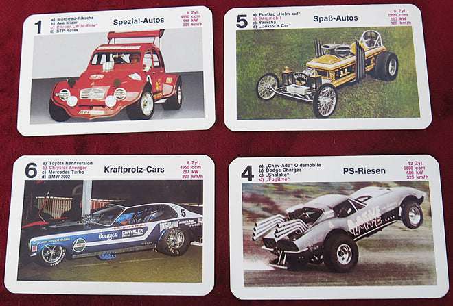 Jeu de cartes Piatnik « Motor Monster » Auto-Trumpf vintage – Quartet de voitures de course des années 1970/80 – Dragsters, Muscle Cars et prototypes