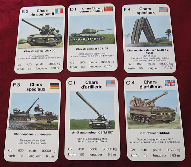 vintage tank card game, chars de combat, chars d’artillerie, military trump cards, 1970s card game, 1980s card game, FX Schmid, Hemma cards, French trump game, vintage war game, collectible card game, tank quartet, artillery cards, armored vehicles game, military history gift, retro card game, complete 32 cards, cold war tanks, vintage plastic box game, rare french card game