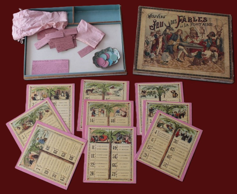 Antique 19th-Century Saussine “Jeu des Fables de La Fontaine” – Complete French Lotto Game (c.1880)