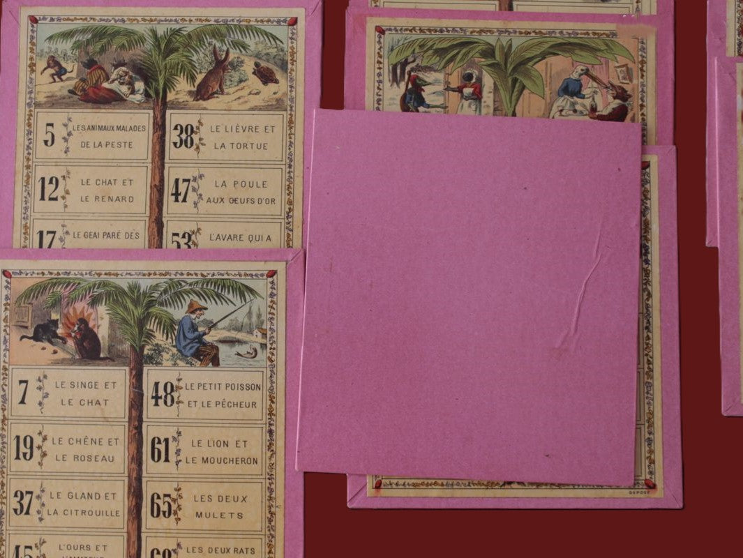 Antique 19th-Century Saussine “Jeu des Fables de La Fontaine” – Complete French Lotto Game (c.1880)