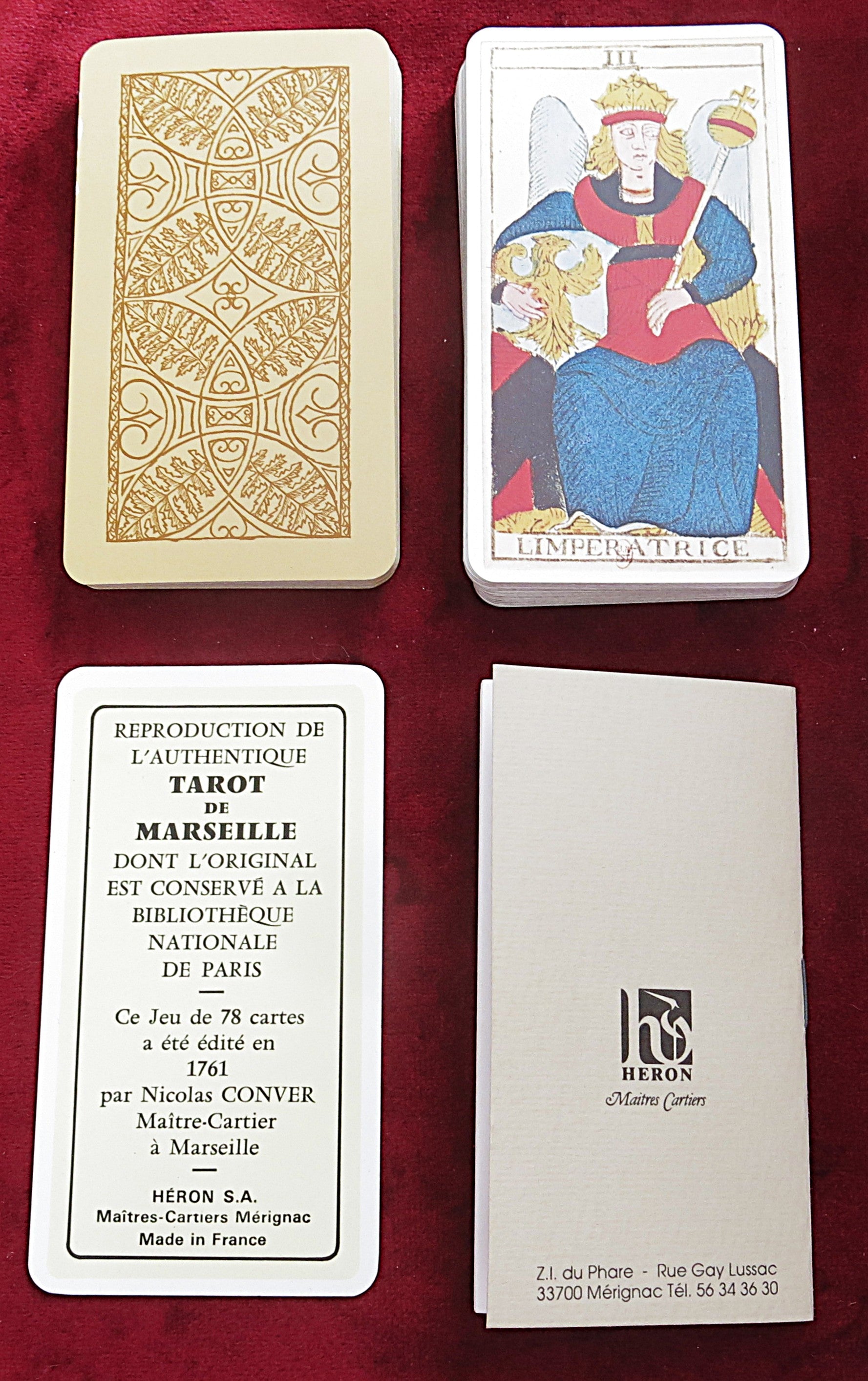 Rare 1990 edition of the Tarot de Marseille Heron box based on the 1761 Nicolas Conver deck