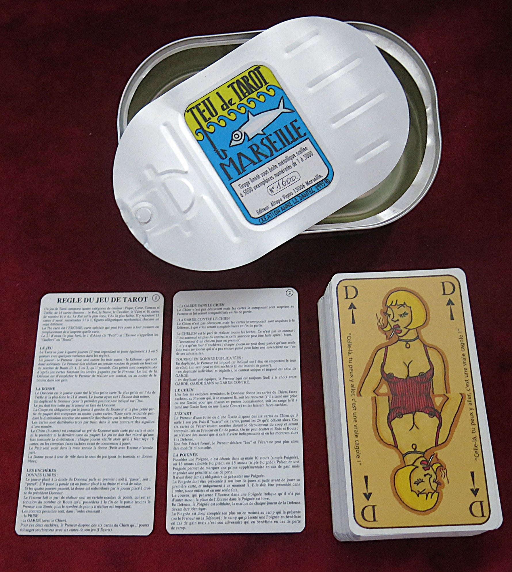 unique marseille tarot, Marseille Tarot, French Tarot Cards, Limited Edition Tarot, Sardine Tin Tarot,  Marseille Humor, Illustrated Tarot, Quirky Tarot Deck,  Tarot Collection, French Artist Tarot, Mediterranean Style Deck