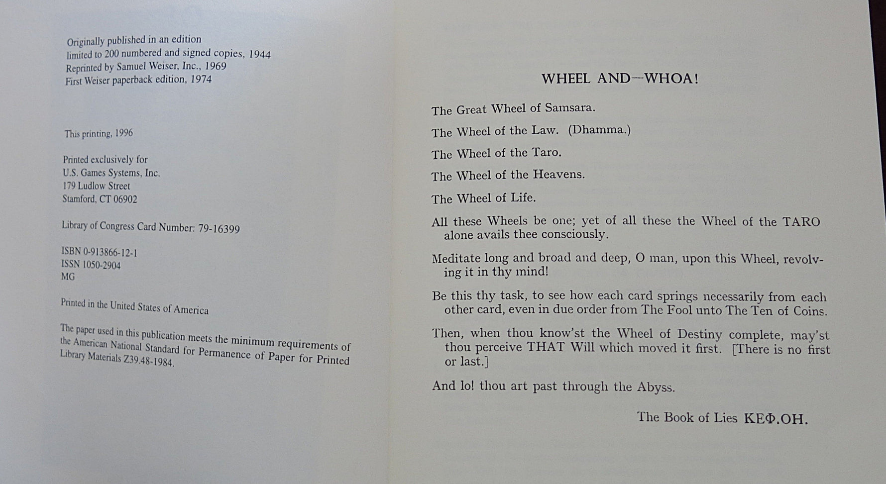 Le Livre de Thot (Tarot égyptien) – Aleister Crowley – Édition US Games (1996)