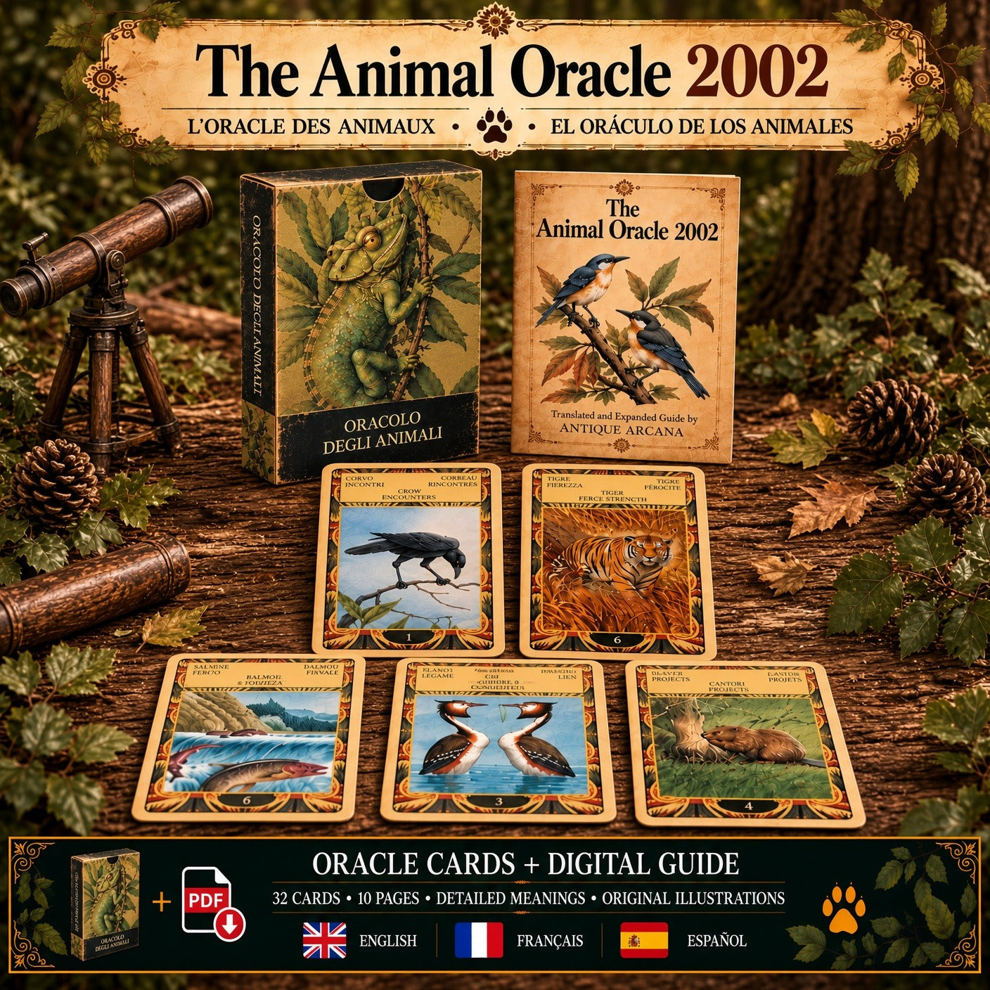 The Animal Oracle, 32 illustrated cards and Antique Arcana digital guide