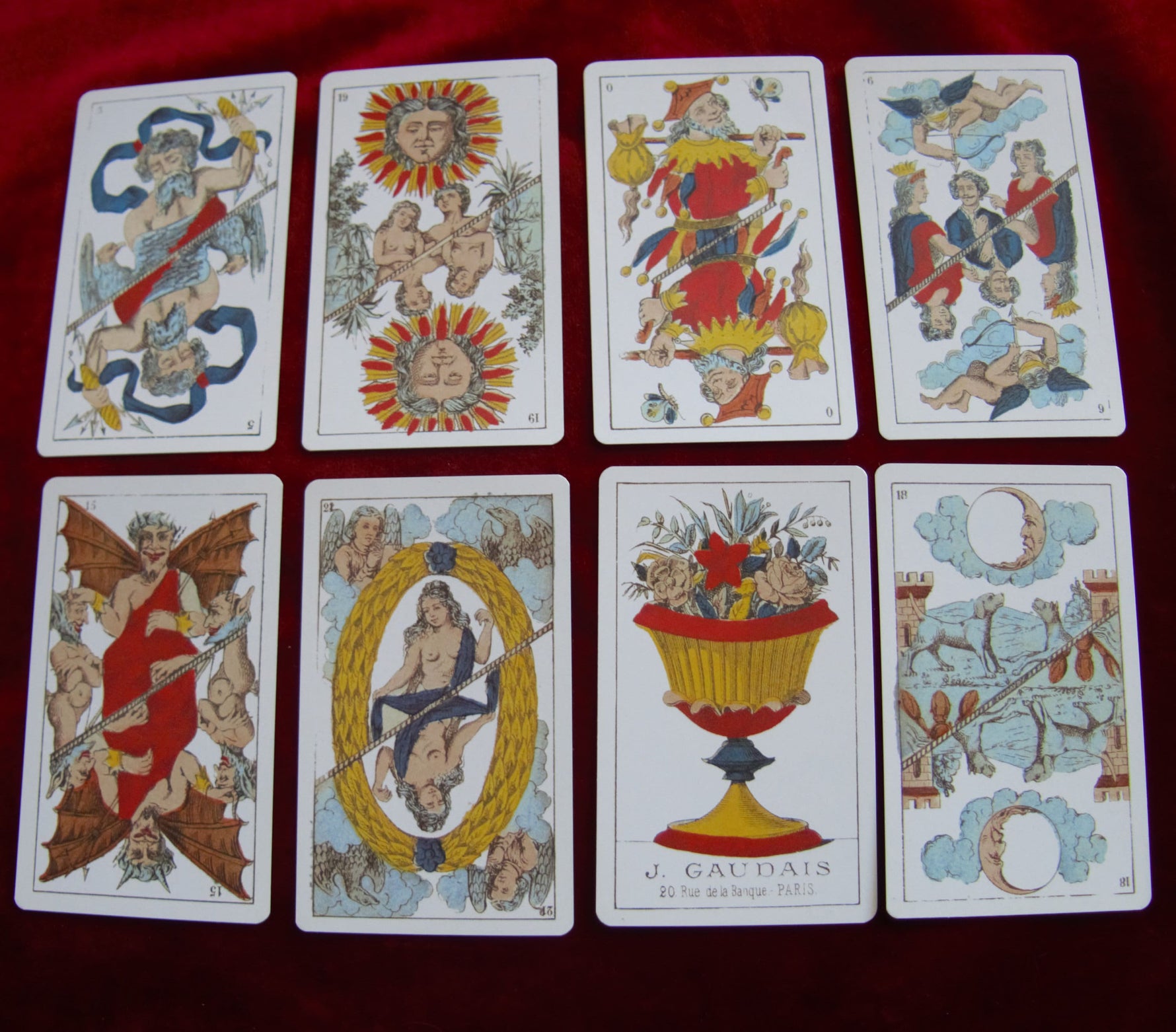 Tarot 1860, J. Gaudais tarot, Fournier tarot, historical tarot deck, antique tarot, 19th century tarot, tarot reproduction, vintage tarot, French tarot, rare tarot deck, out of print tarot, Marseille tarot, Junon Jupiter tarot, tarot collection, tarot museum, stencil colored cards, Victorian tarot, tarot France, tarot Spain, tarot history, major arcana, minor arcana, tarot collector, Fournier museum, esoteric tarot, tarot divination, tarot reading cards