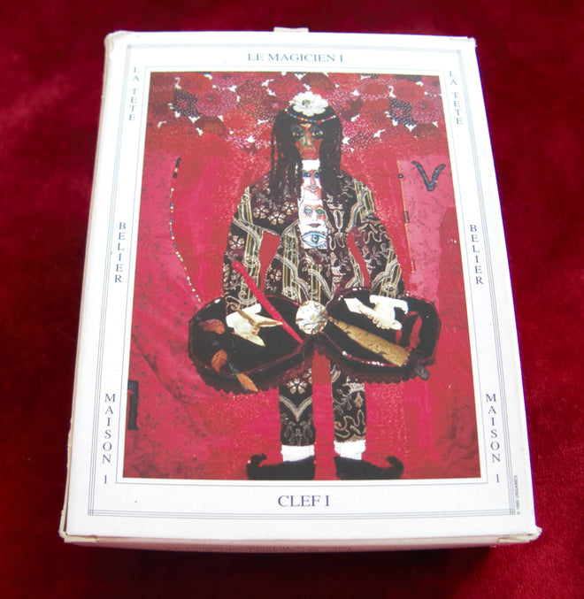 tarot deck, rare tarot, French tarot, tarot de la tapisserie, Yvonne Jensen, textile tarot, artistic tarot, symbolic tarot, Marseille-inspired, handmade art tarot, collectible tarot, divination cards, intuitive tarot, art oracle, modern art tarot, tapestry tarot, unique tarot deck, esoteric deck, surreal tarot, 80 card tarot, French artist tarot